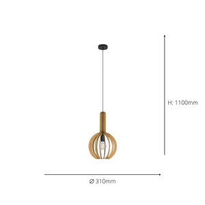 Eglo EU VELASCO Pendant Light – Black Steel & Maple Wood Slatted Shade, E27 Fitting, 310mm Indoor Pendant
