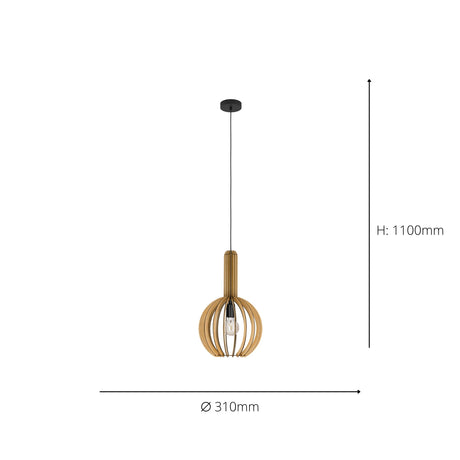 Eglo EU VELASCO Pendant Light – Black Steel & Maple Wood Slatted Shade, E27 Fitting, 310mm Indoor Pendant