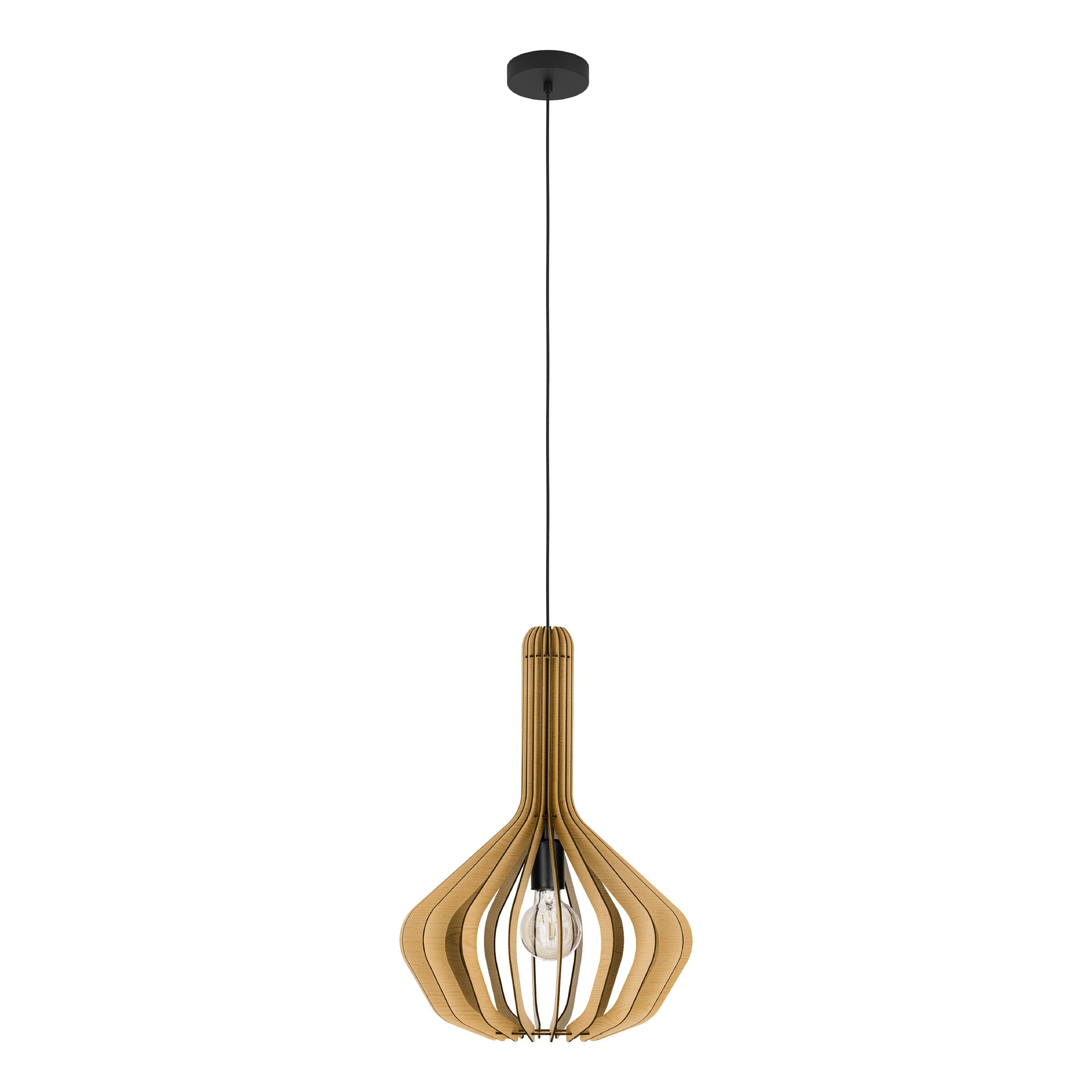 Eglo EU VELASCO Pendant Light – Black Steel & Black Wooden Slatted Shade, E27 Fitting, 380mm Indoor Ceiling Light