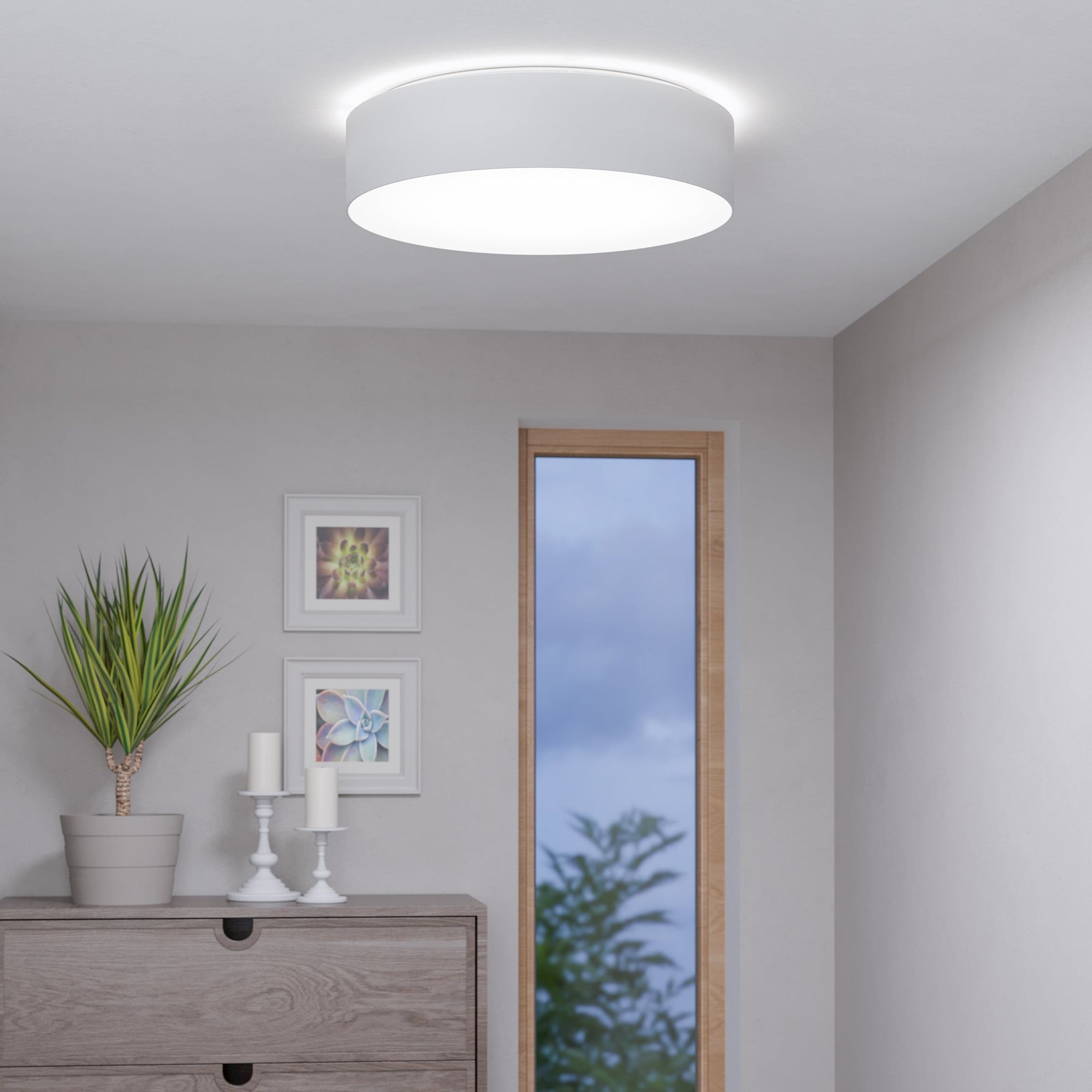 Eglo EU ROMAO?Z Smart LED Ceiling Light – 570mm Taupe Fabric Shade, RGB + Tuneable White, App & Remote Control product image - Endon Lighting from First Light Direct with great prices and fast UK delivery
