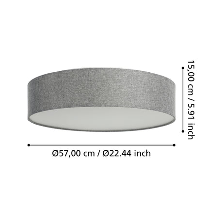 Eglo EU ROMAO?Z Smart LED Ceiling Light – 570mm Grey Fabric Shade, RGB + Tuneable White, App & Remote Control