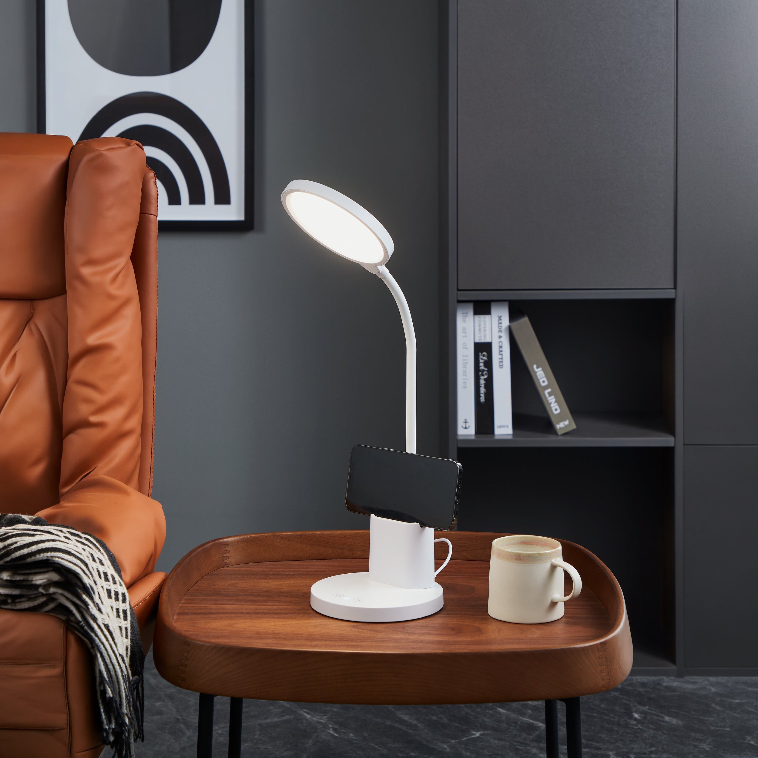 Eglo EU Veradal-QI Steel/Natural Wood Touch Dimmer, QI Charging LED Table Lamp