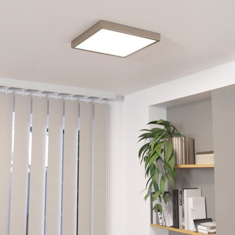 Eglo EU FUEVA?5 Surface?Mounted LED Ceiling Light – Satin Nickel Steel, Square, Dimmable Warm White, Indoor Lighting