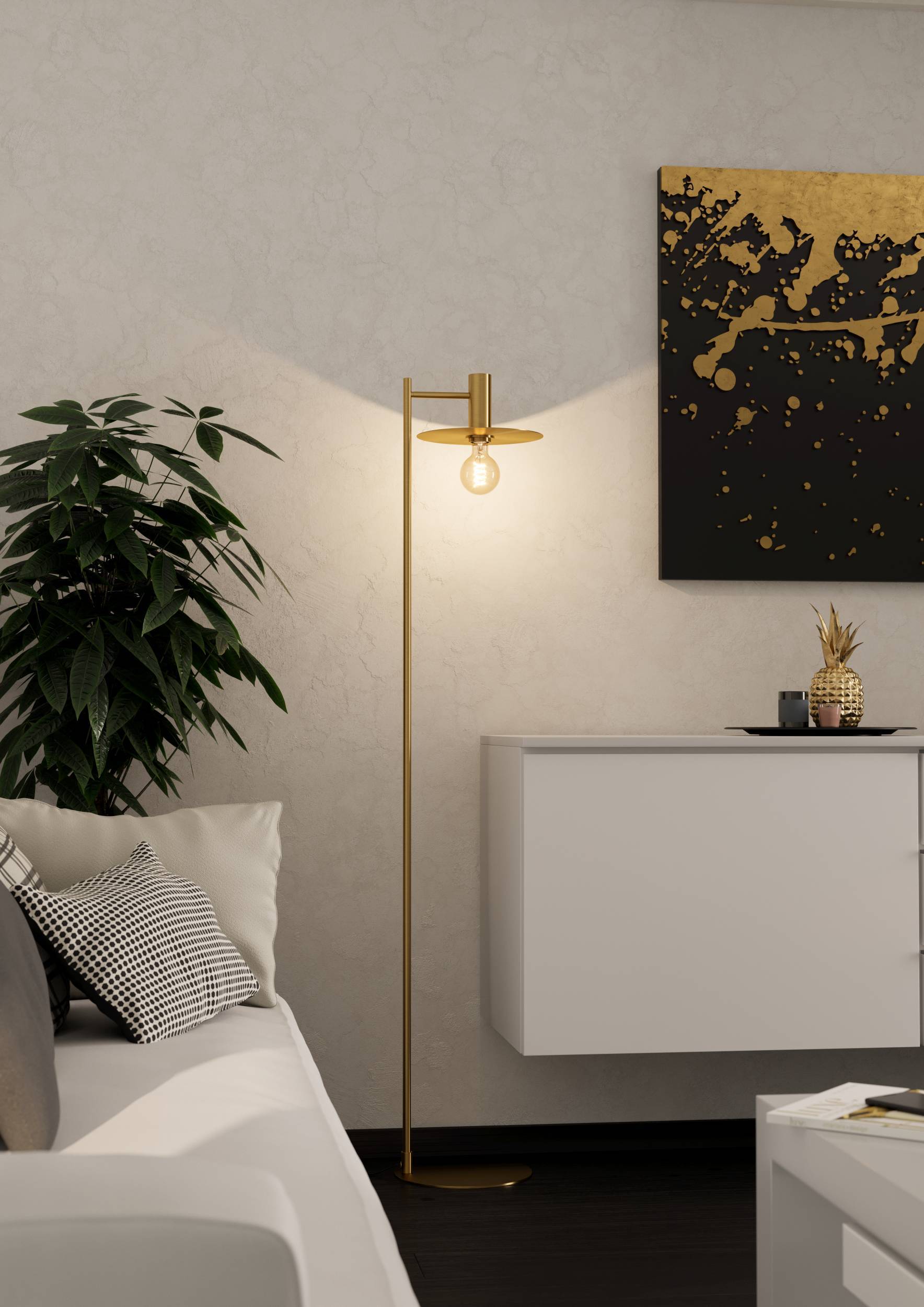 Eglo EU WAVERTON Floor Lamp – Vintage Black Fabric & Wood Shade, E27, Foot Switch, Indoor Lighting
