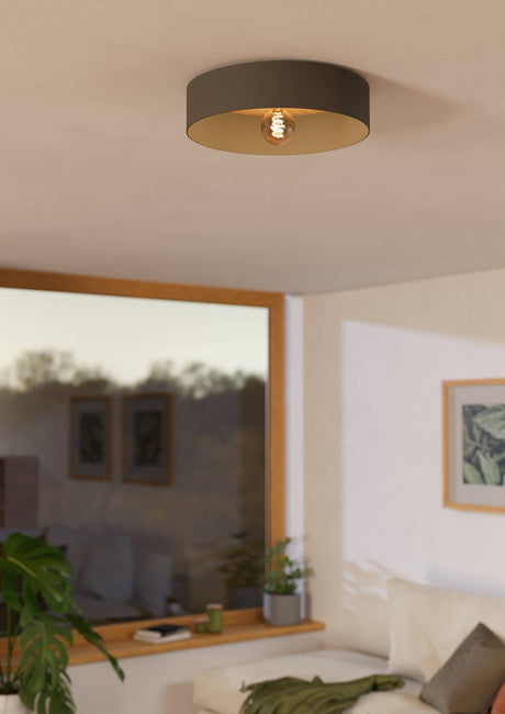 Eglo EU DUAIA Ceiling Light – Umbra Grey & Wood Design with Brushed Brass Detail, E27, Indoor Lighting