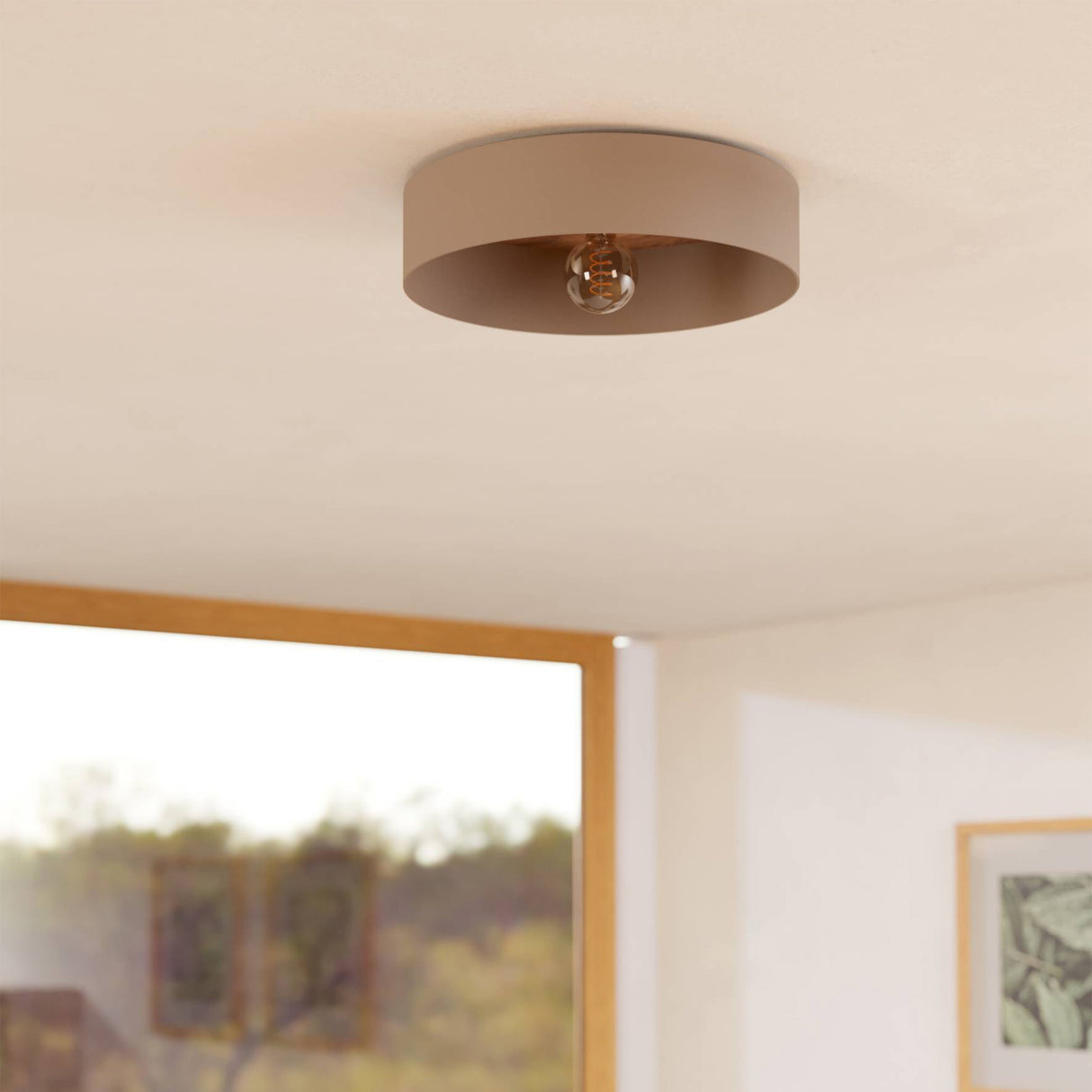 Eglo EU DUAIA Ceiling Light – Taupe & Wood Design with Brushed Brass Detail, E27, Indoor Lighting