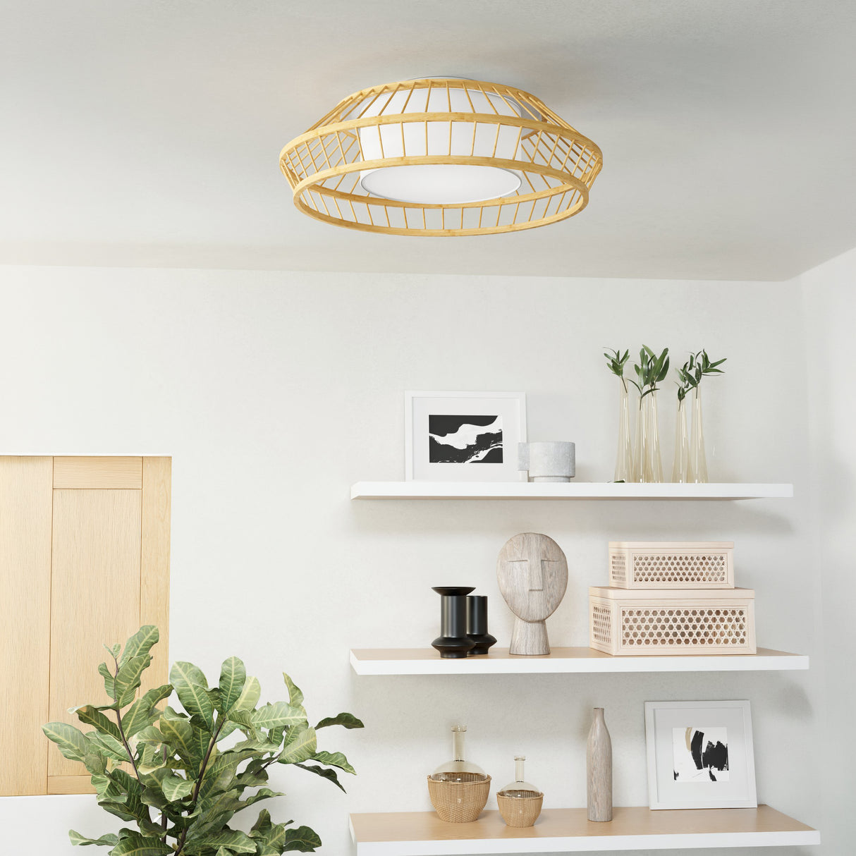 Eglo EU Yuku-Z Smart Control Wood & Fabric LED Ceiling Light