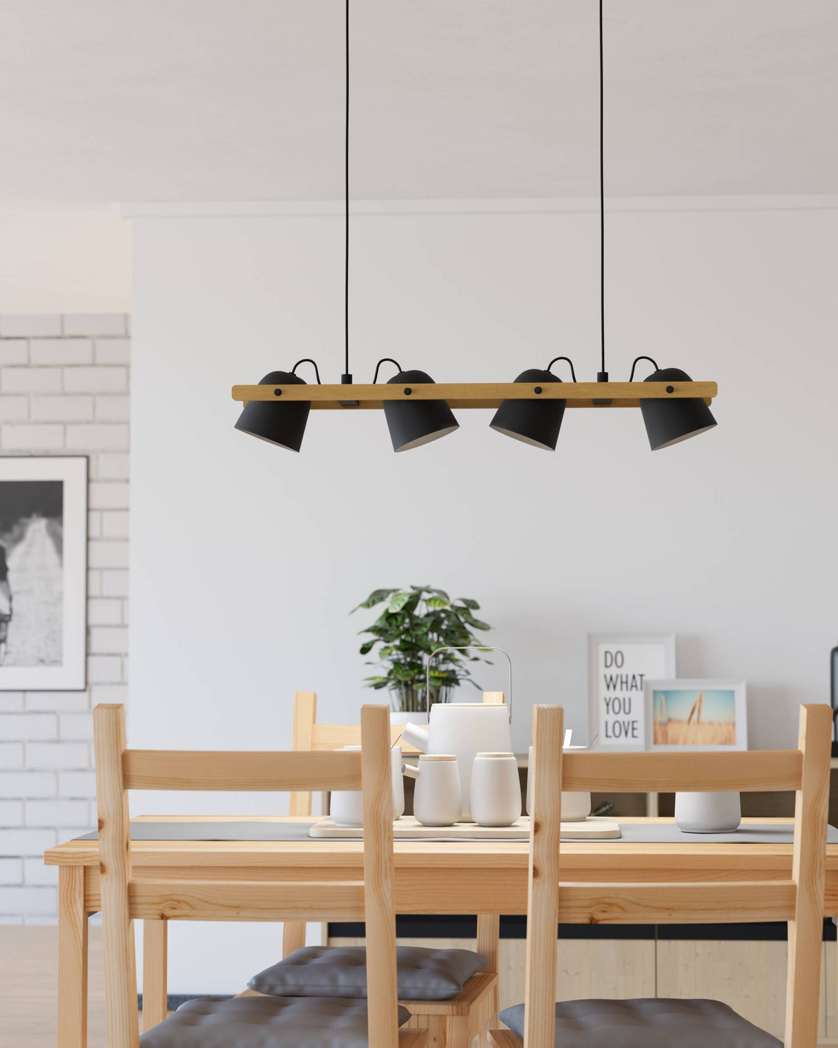 Eglo EU Hornwood-Z Retro Wood And Black Steel 4-Light Pendant