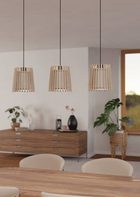 Eglo EU Fattoria Black Steel & Natural Wood Contemporary 3-Light Pendant