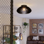 Eglo EU COSSANO?3 Ceiling Light – Black Steel with Wooden Slatted Shade, E27, Indoor Lighting