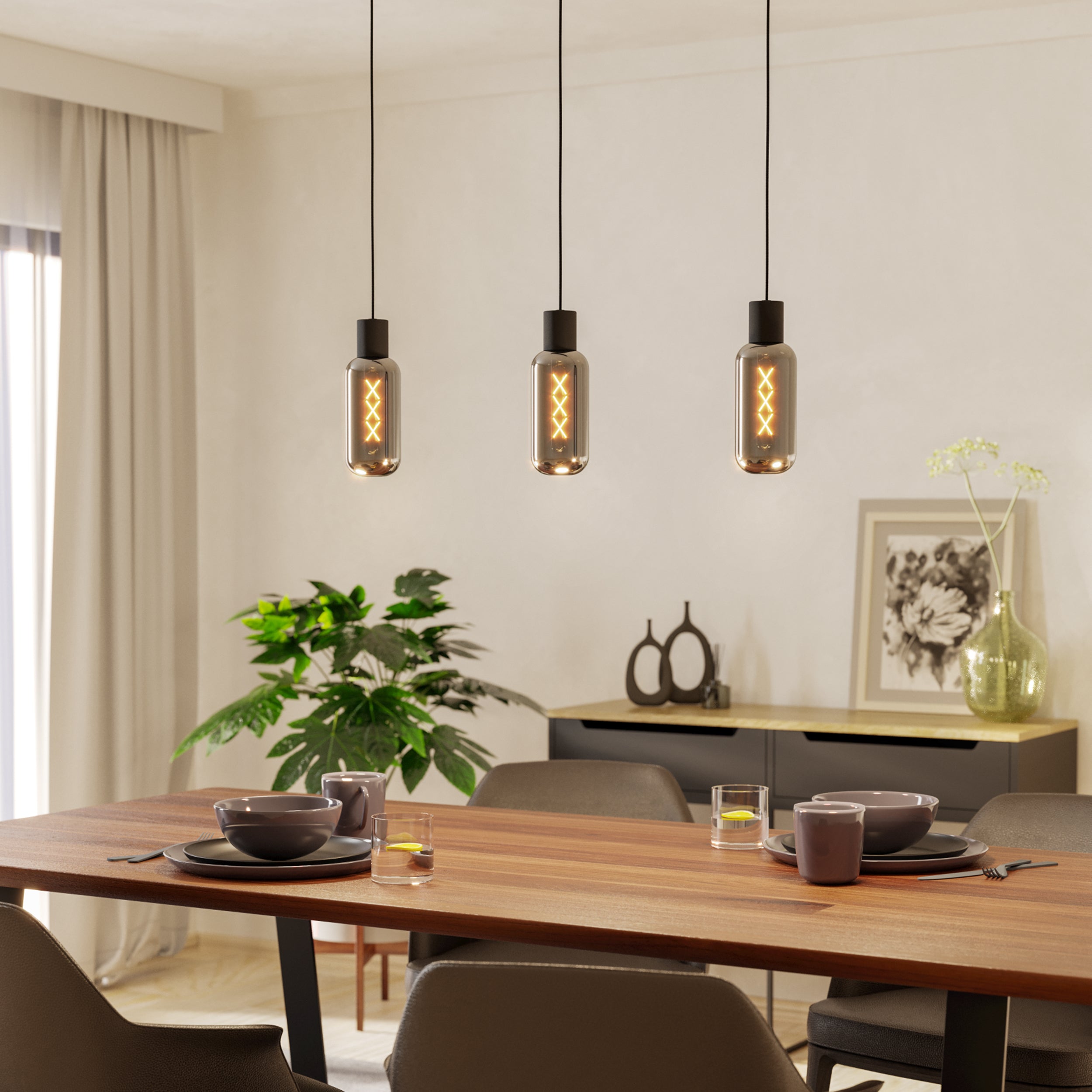 Eglo EU Hornwood 2 Black Steel & Wood 3-Light Pendant