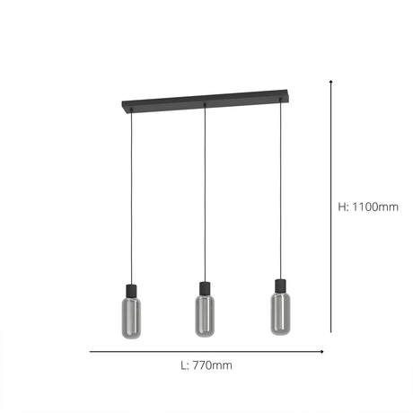 Eglo EU Maione Black Steel & Glass Modern Bar 3-Light Pendant