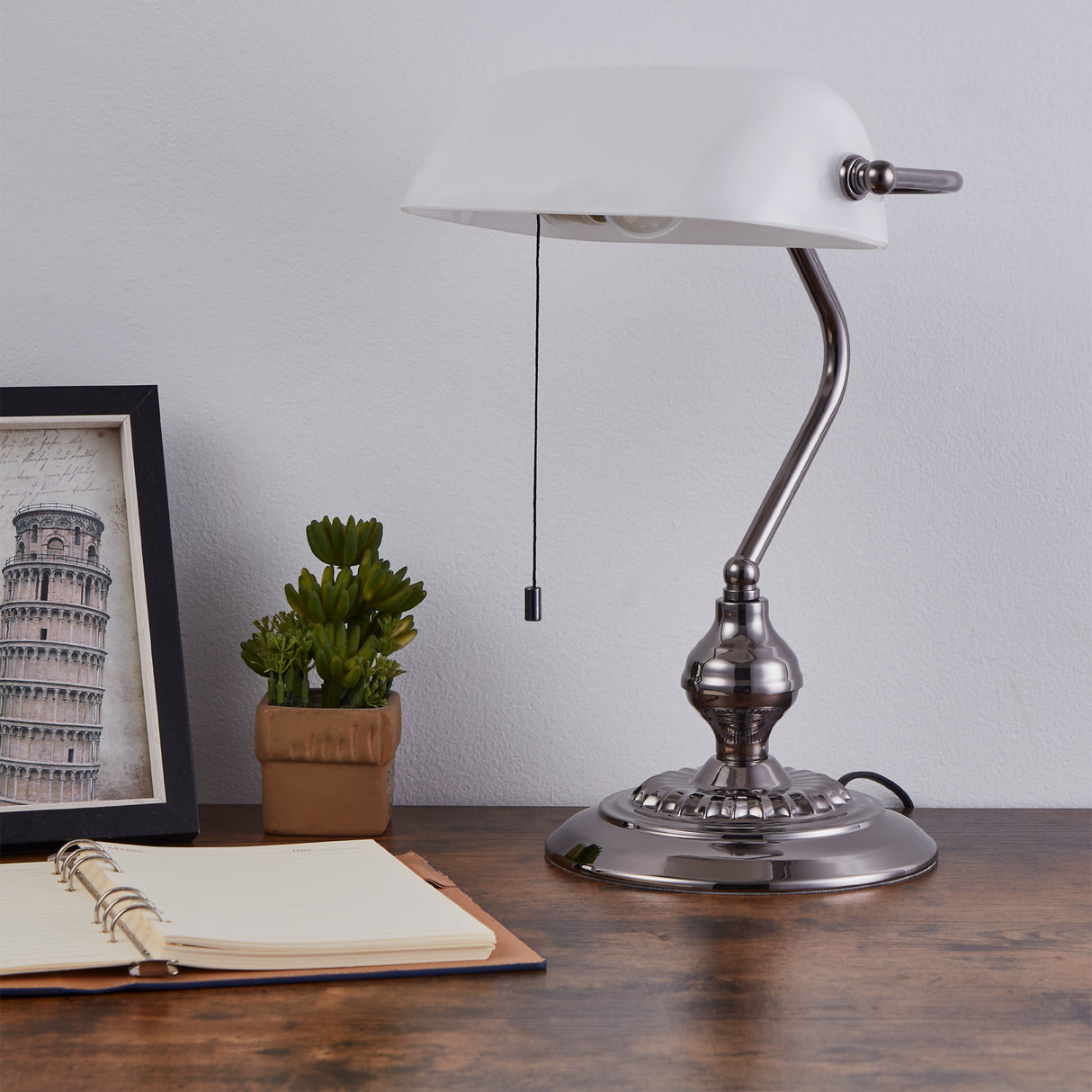 Eglo EU BANKER Table Lamp – Classic Banker Style, Nickel Nero Finish, E27, Cord Switch