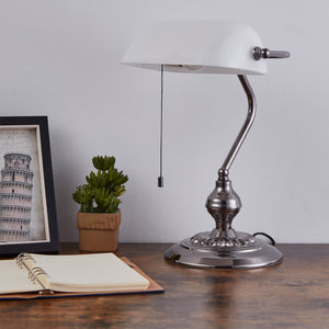 Eglo EU BANKER Table Lamp – Classic Banker Style, Nickel Nero Finish, E27, Cord Switch