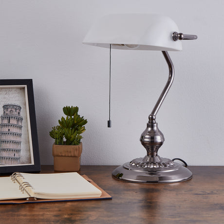 Eglo EU BANKER Table Lamp – Classic Banker Style, Nickel Nero Finish, E27, Cord Switch