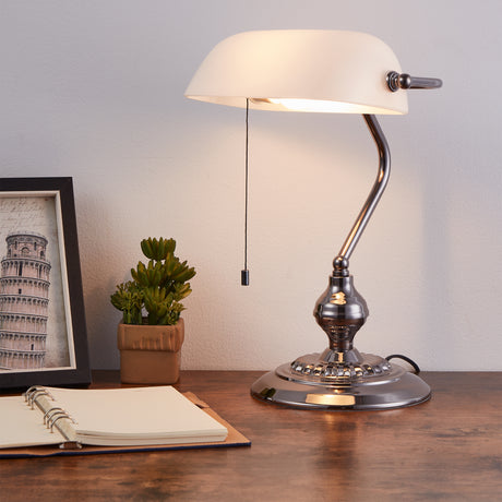 Eglo EU BANKER Table Lamp – Classic Banker Style, Nickel Nero Finish, E27, Cord Switch