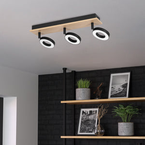 Eglo EU RIELVES LED Ceiling Spotlight – 3?Light Bar, Wood & Black Steel, Warm White, Indoor Lighting