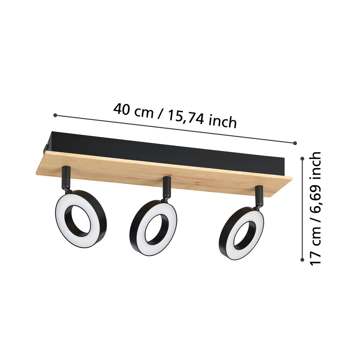 Eglo EU RIELVES LED Ceiling Spotlight – 3?Light Bar, Wood & Black Steel, Warm White, Indoor Lighting