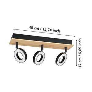 Eglo EU RIELVES LED Ceiling Spotlight – 3?Light Bar, Wood & Black Steel, Warm White, Indoor Lighting