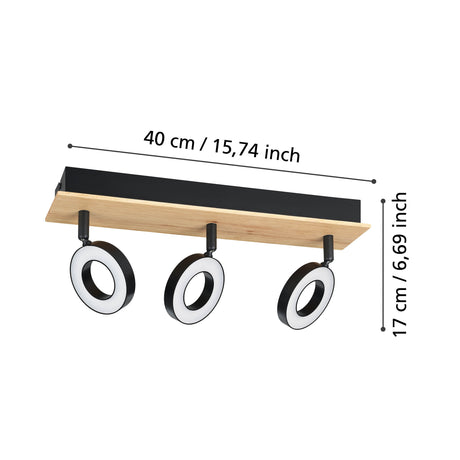 Eglo EU RIELVES LED Ceiling Spotlight – 3?Light Bar, Wood & Black Steel, Warm White, Indoor Lighting