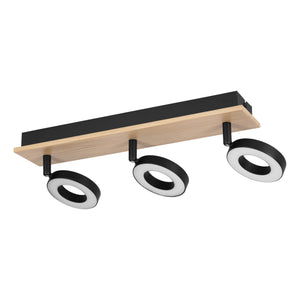 Eglo EU RIELVES LED Ceiling Spotlight – 3?Light Bar, Wood & Black Steel, Warm White, Indoor Lighting