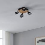 Eglo EU RIELVES Ceiling Spotlight – Wood & Black Steel, 4?Light LED, Warm White, Indoor Lighting product image - Endon Lighting from First Light Direct with great prices and fast UK delivery