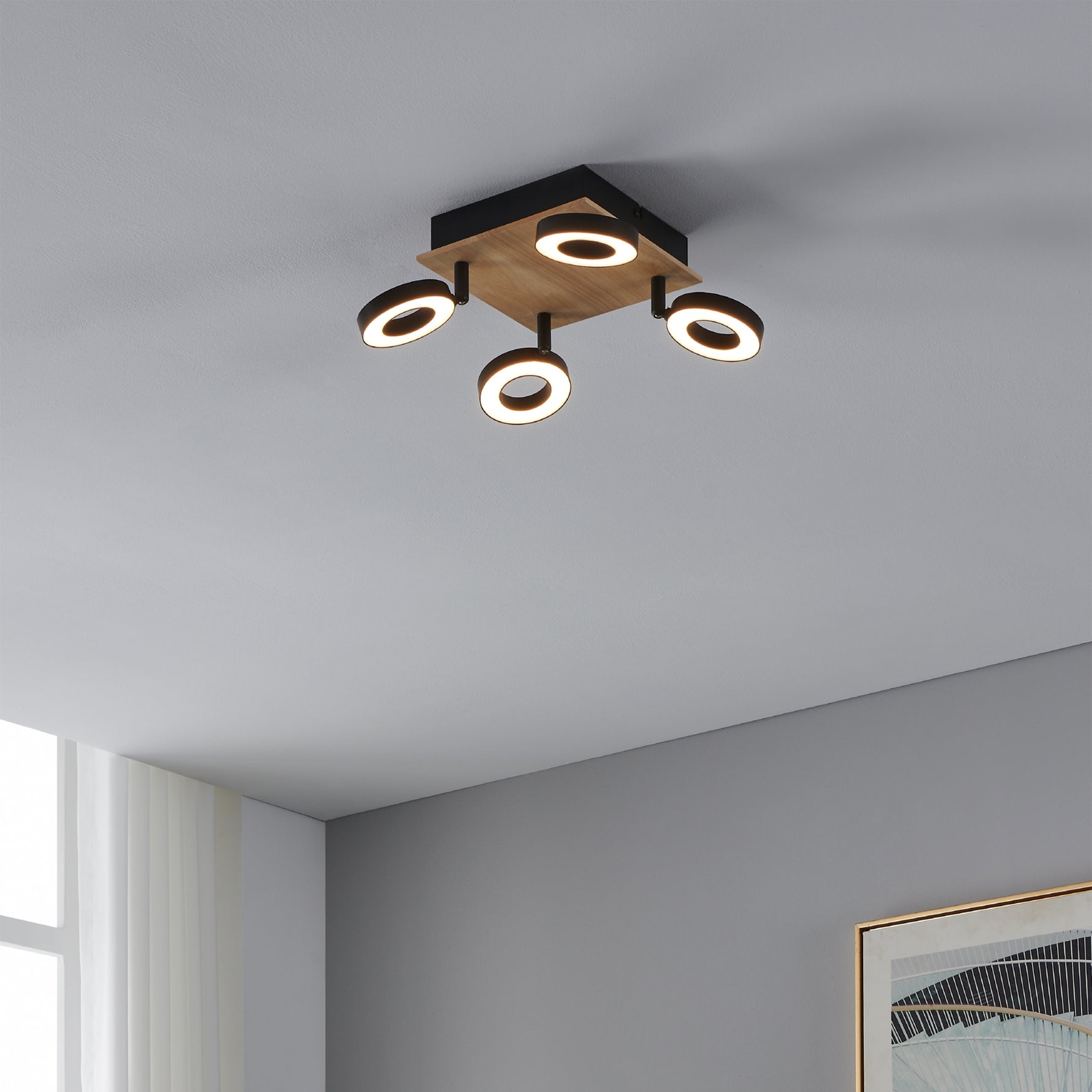 Eglo EU RIELVES Ceiling Spotlight – Wood & Black Steel, 4?Light LED, Warm White, Indoor Lighting product image - Endon Lighting from First Light Direct with great prices and fast UK delivery