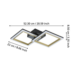 Eglo EU Calliera Black & Brass Steel Dual LED Square Modern Ceiling Light, 52.5cm