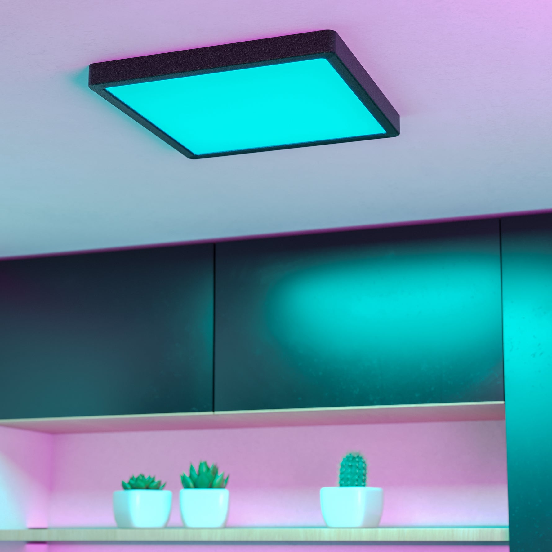 Eglo EU Fueva 6-Z Smart Control RGB IP44 Plastic Square Ceiling Light, 29.5cm Black product image - Endon Lighting from First Light Direct with great prices and fast UK delivery