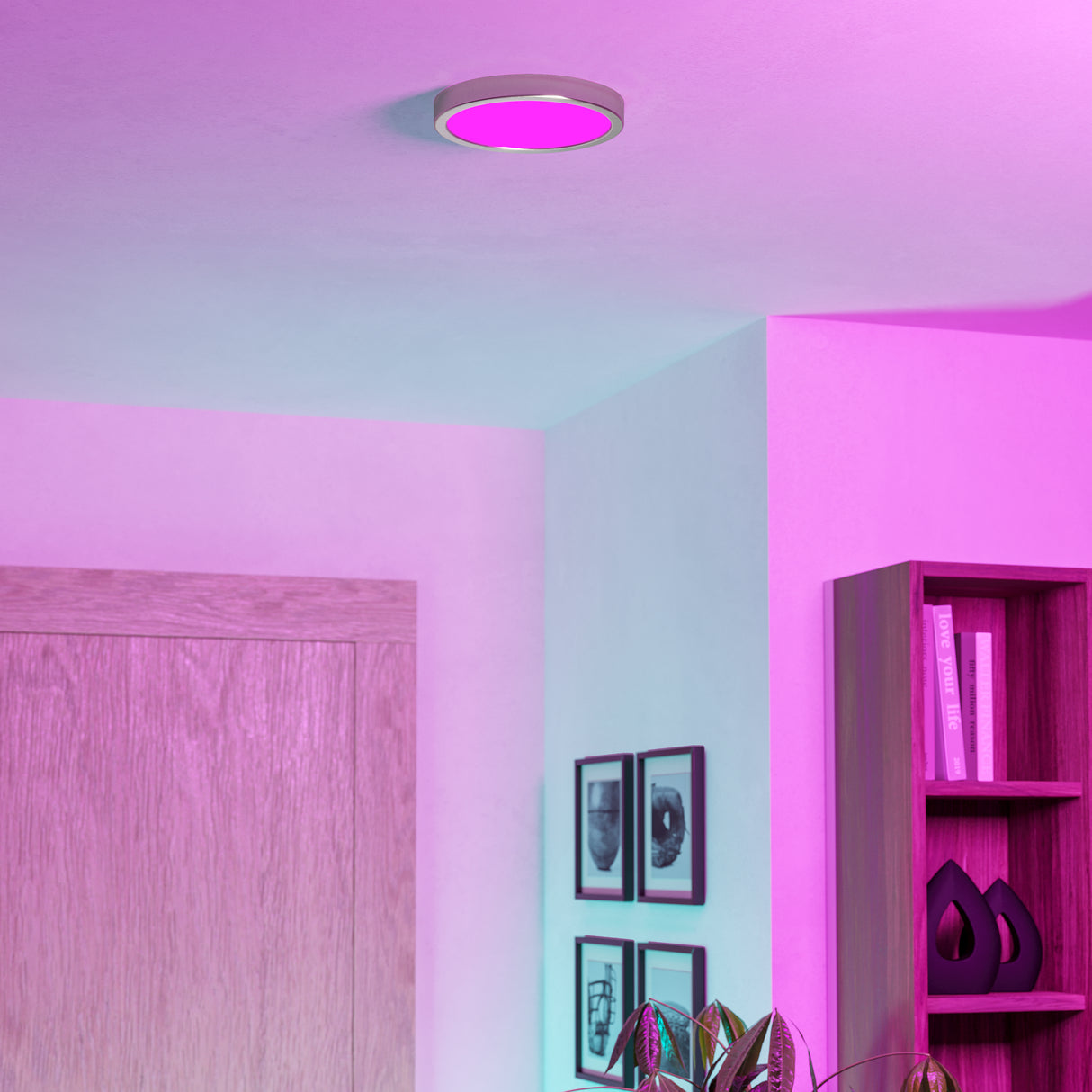 Eglo EU Fueva 6-Z Smart Control RGB IP44 Plastic Round Ceiling Light, 21.1cm Satin Nickel