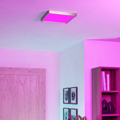 Eglo EU Fueva 6-Z Smart Control RGB IP44 Plastic Square Ceiling Light, 29.5cm Satin Nickel