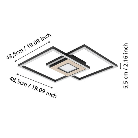 Eglo EU Marinello Metal & Wood, Black/Brown LED Ceiling Light, Square
