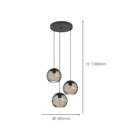 Eglo EU Almanzora Three Light Hanging Cluster Pendant Black and Copper E27
