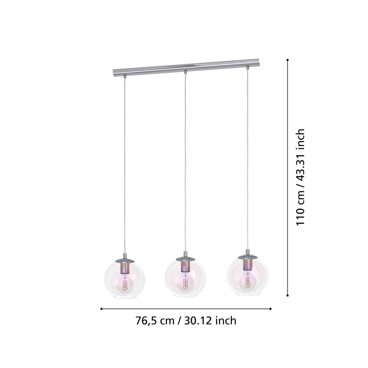 Eglo EU Ariscani 2 Three Light Hanging Pendant with Iridescent Clear Glass Globes E27