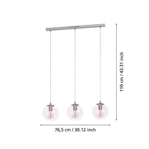 Eglo EU Ariscani 2 Three Light Hanging Pendant with Iridescent Clear Glass Globes E27