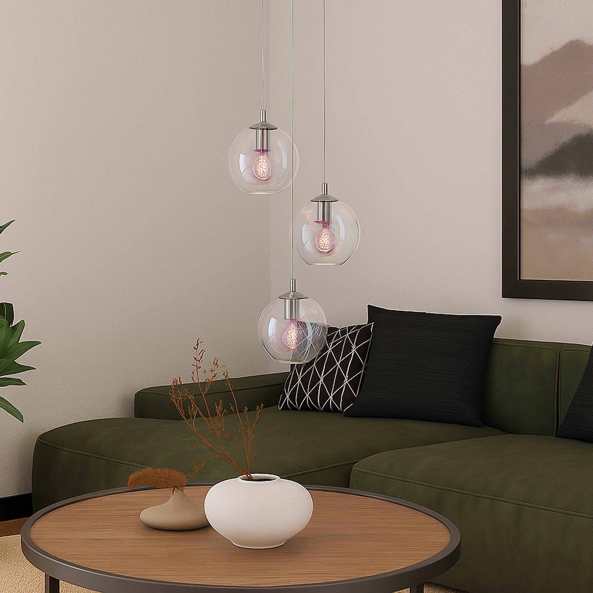 Eglo EU Ariscani 2 Three Light Hanging Pendant with Iridescent Clear Glass Globes E27