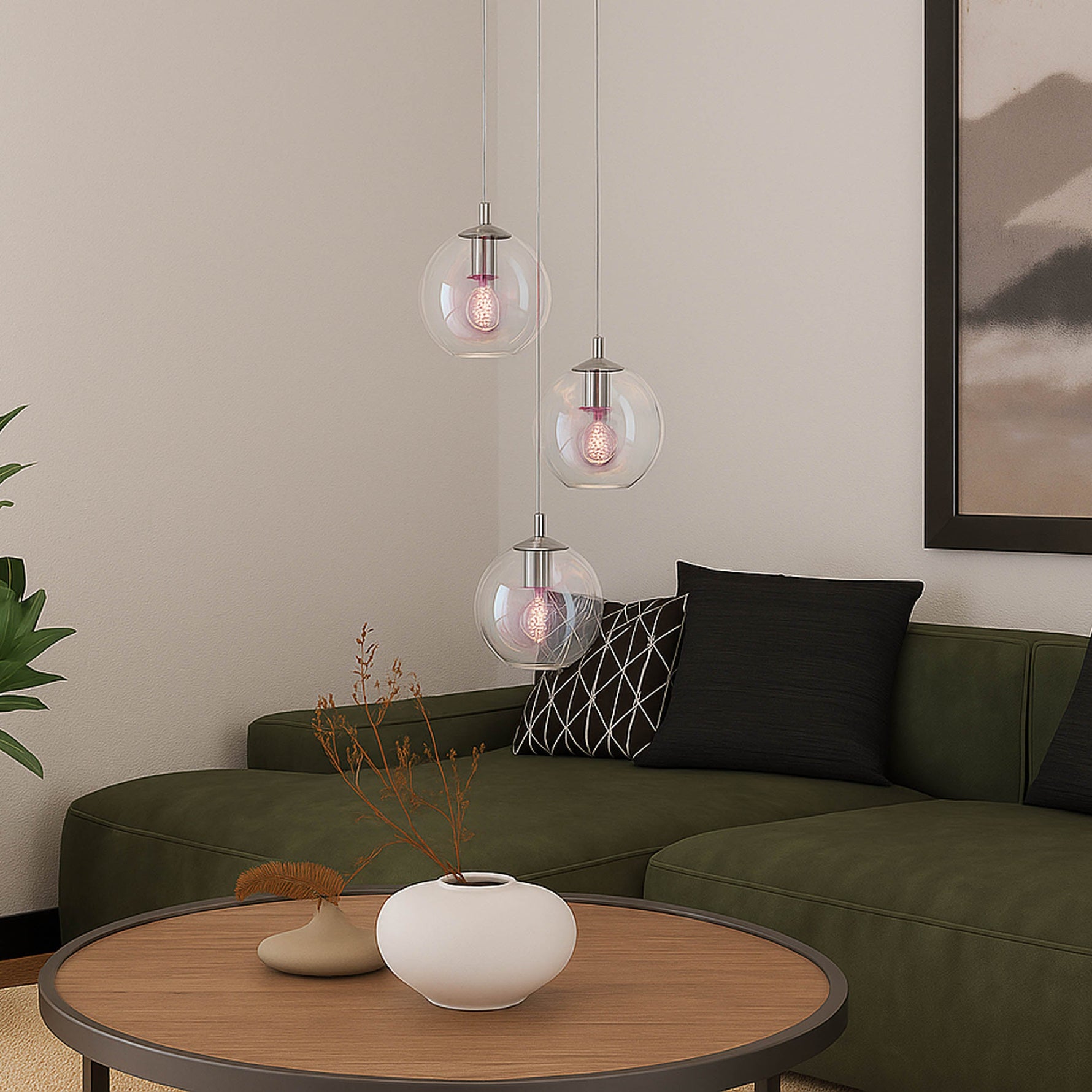 Eglo EU Ariscani 2 Three Light Hanging Pendant with Iridescent Clear Glass Globes E27