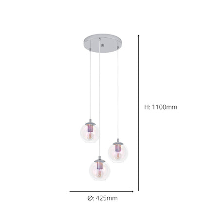 Eglo EU Ariscani 2 Three Light Cluster Hanging Pendant with Staggered Iridescent Clear Glass Globes E27