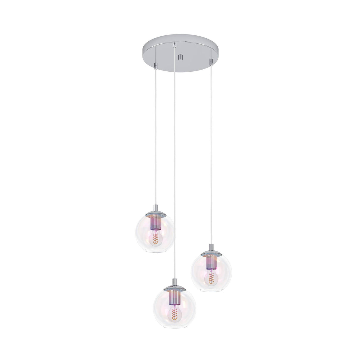 Eglo EU Ariscani 2 Three Light Cluster Hanging Pendant with Staggered Iridescent Clear Glass Globes E27