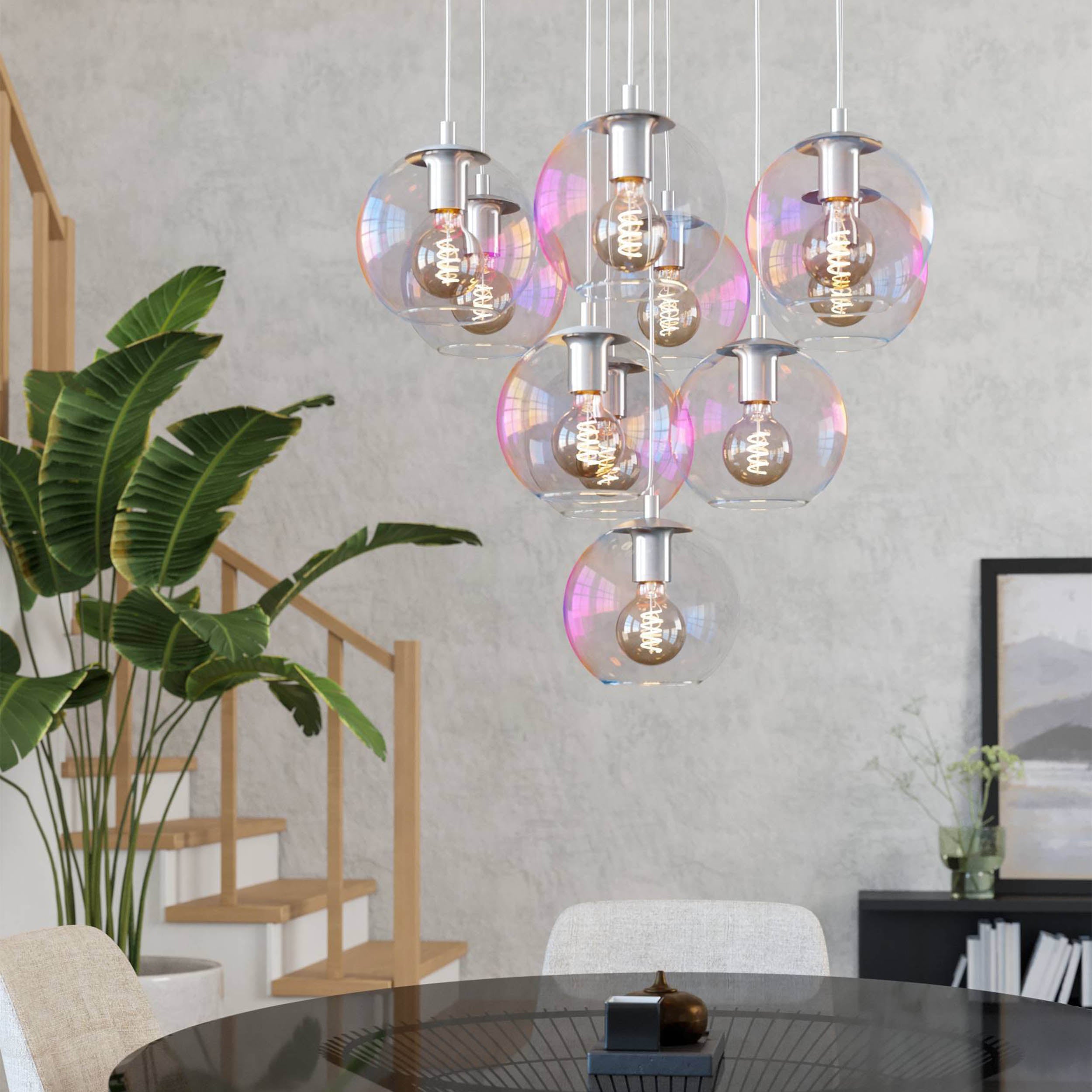 Eglo EU Ariscani 2 Three Light Cluster Hanging Pendant with Staggered Iridescent Clear Glass Globes E27