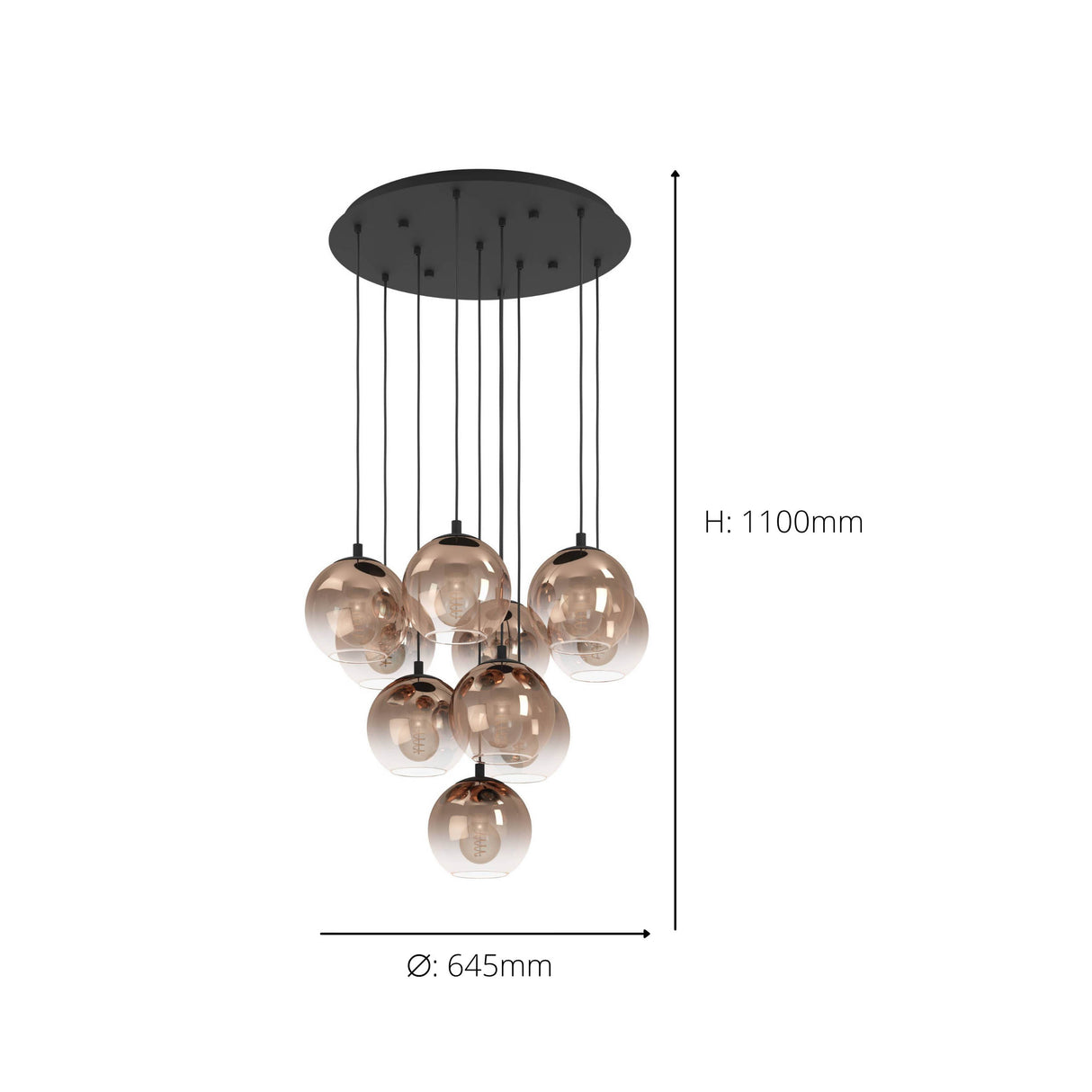 Eglo EU Ariscani 1 Ten Light Cluster Hanging Pendant with Iridescent Copper Glass Globes