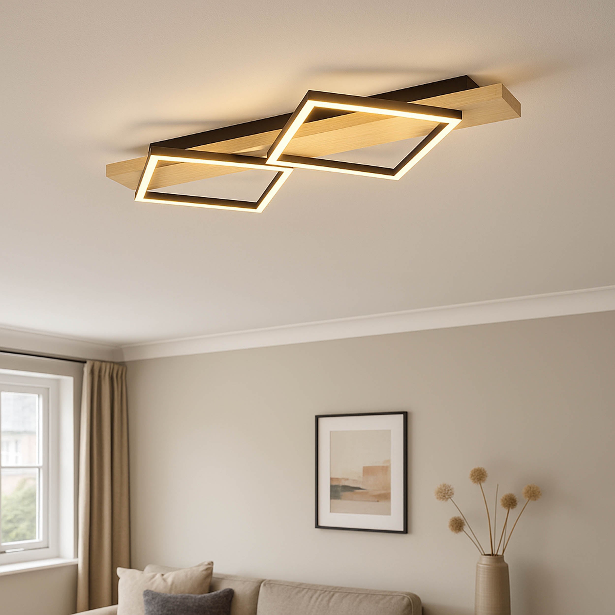 Eglo EU Boyal LED Ceiling Light Single Black Square Frame with Light Wooden Mount product image - Endon Lighting from First Light Direct with great prices and fast UK delivery
