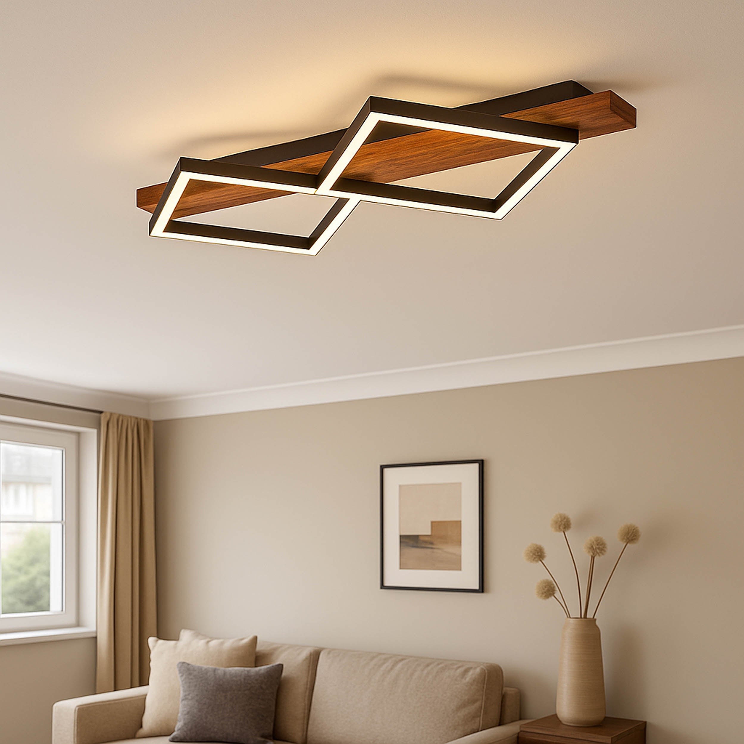 Eglo EU Boyal LED Ceiling Light Black Interlocking Square Frames with Light Wooden Mount product image - Endon Lighting from First Light Direct with great prices and fast UK delivery