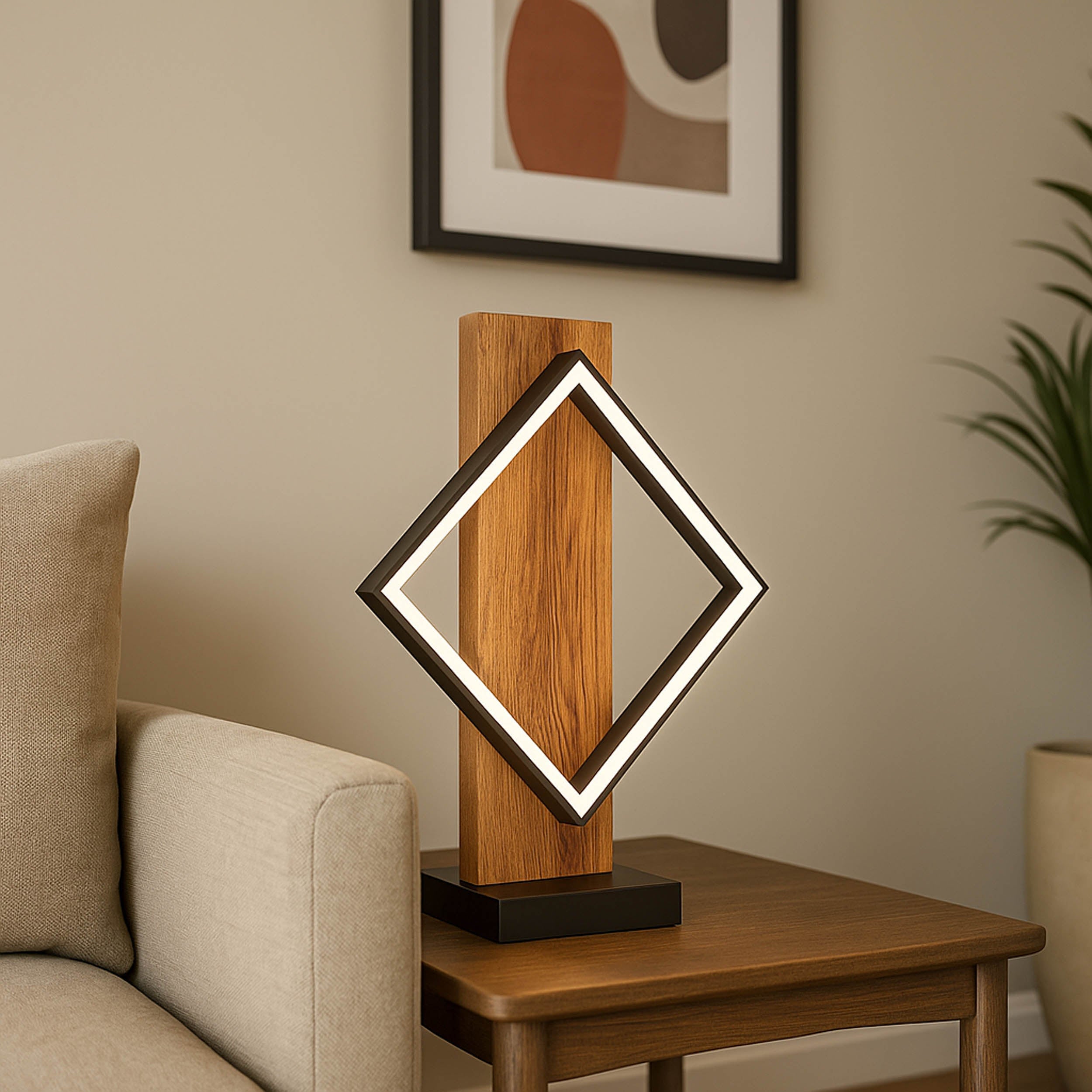 Eglo EU Boyal LED Table Lamp with a Single Black Square Frame and Light Wood Panel