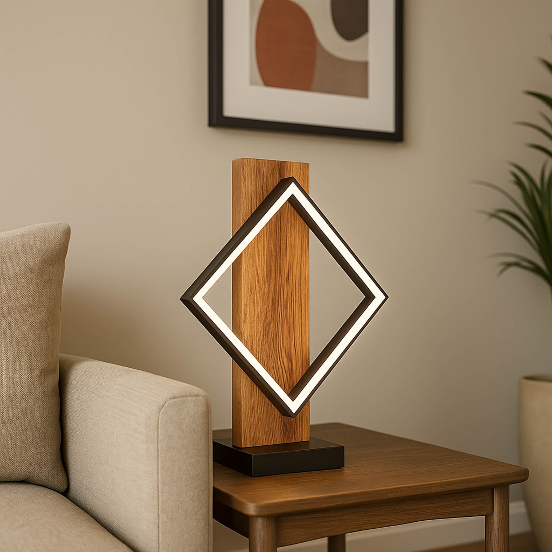 Eglo EU Boyal LED Table Lamp with a Single Black Square Frame and Light Wood Panel