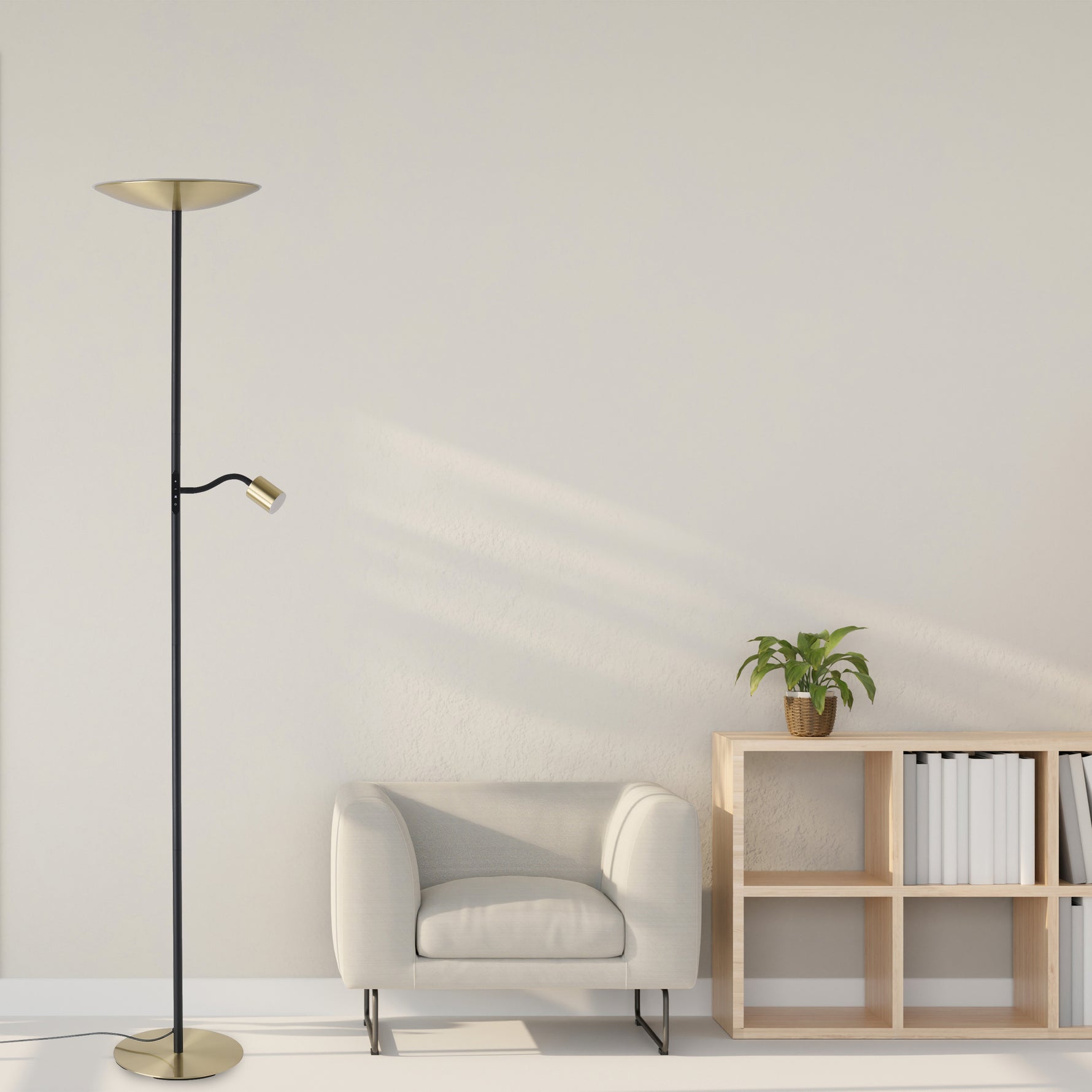 Eglo EU Conivarino LED Floor Lamp Brushed Brass Steel Dual Mother & Child Design with Dimmable Uplighter and Adjustable Reading Light
