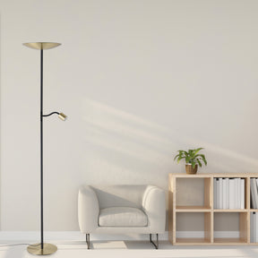 Eglo EU Conivarino LED Floor Lamp Brushed Brass Steel Dual Mother & Child Design with Dimmable Uplighter and Adjustable Reading Light