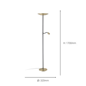 Eglo EU Conivarino LED Floor Lamp Brushed Brass Steel Dual Mother & Child Design with Dimmable Uplighter and Adjustable Reading Light
