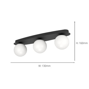 Eglo EU Castrovido LED Bathroom Ceiling Light with Three White Glass Globes & Black Steel Mount