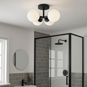 Eglo EU Castrovido LED Bathroom Ceiling Light with Four White Glass Globes & Black Steel Mount